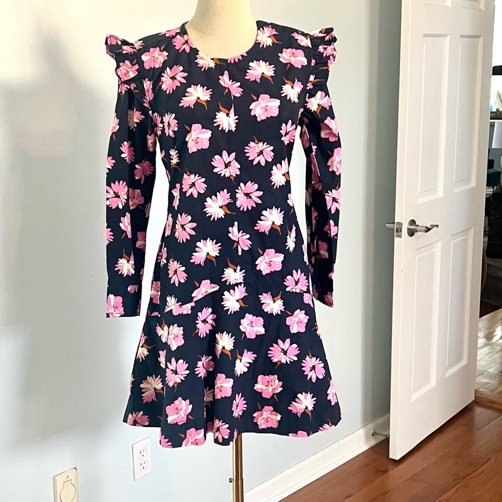 Free Assembly,Navy/Pink Floral, Ruffle Shoulder,Side Zip,Fit-Flare Dress Size XS - Picture 5 of 11
